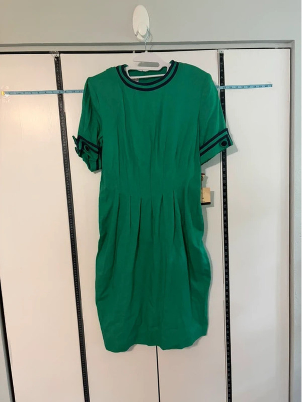 NWT Vintage Cynthia Howie Dress 14 Green Navy Trim Rayon Linen 90s Y2K Nautical